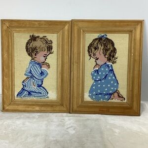Framed Needlepoint Art of Children in Pajamas